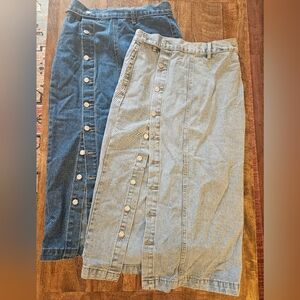 Denim Button-Up Skirts in Light and Dark Blue